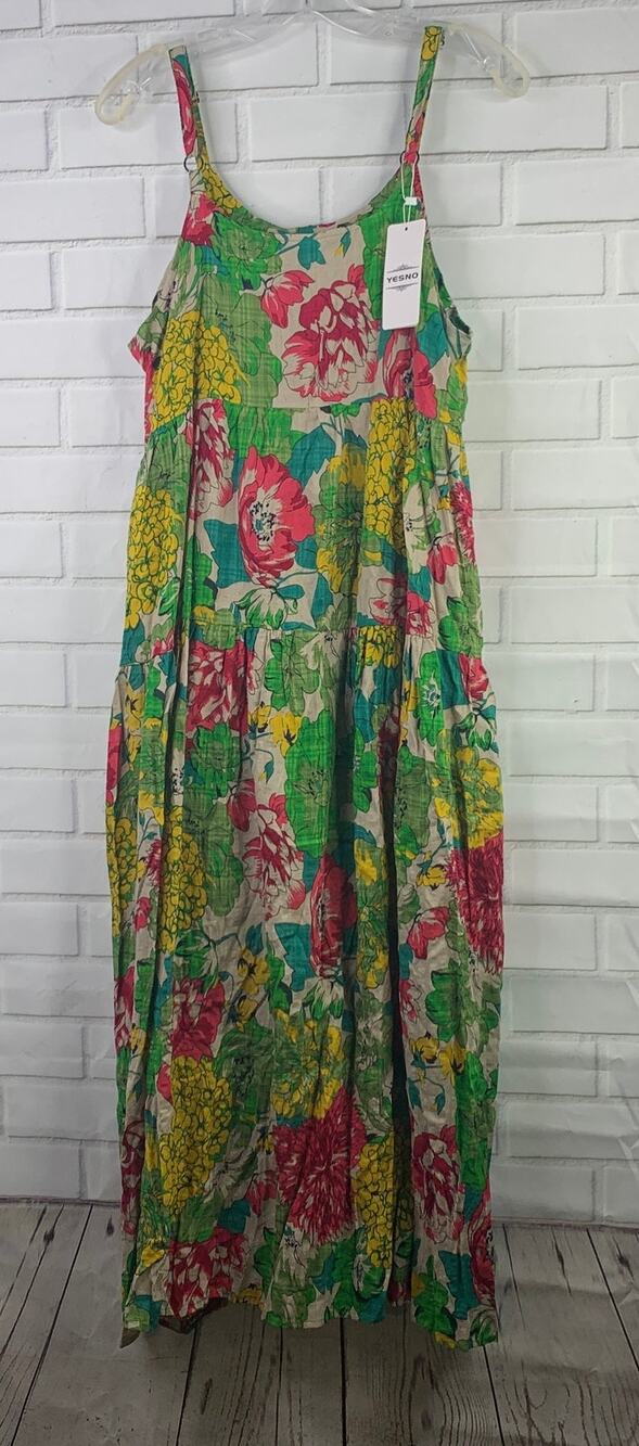 NWT Yes No maxi dress sundress tiered pink green boho floral 100% cotton size XL